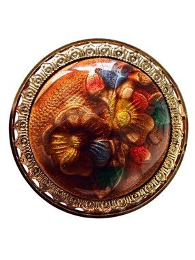 Vintage Reverse Carved Lucite‎ Brooch Gold Tone Floral Pin 1950s New Old Stock